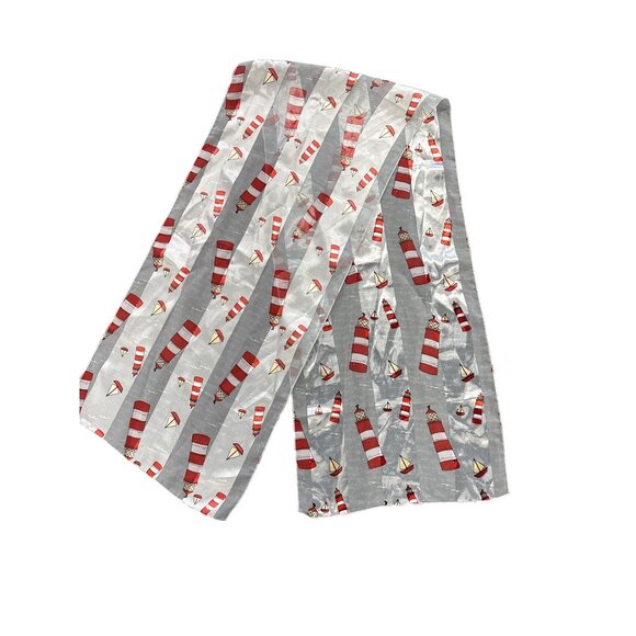 Vintage Red & White Lighthouse & Sailboat Print Sheer Scarf Nautical Design Ligh - Picture 1 of 4